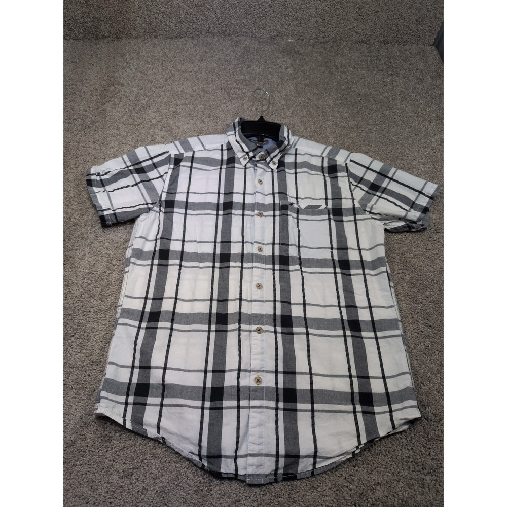 Eddie Bauer Mens Medium Short Sleeve Button Down Shirt Black White Plaid Check